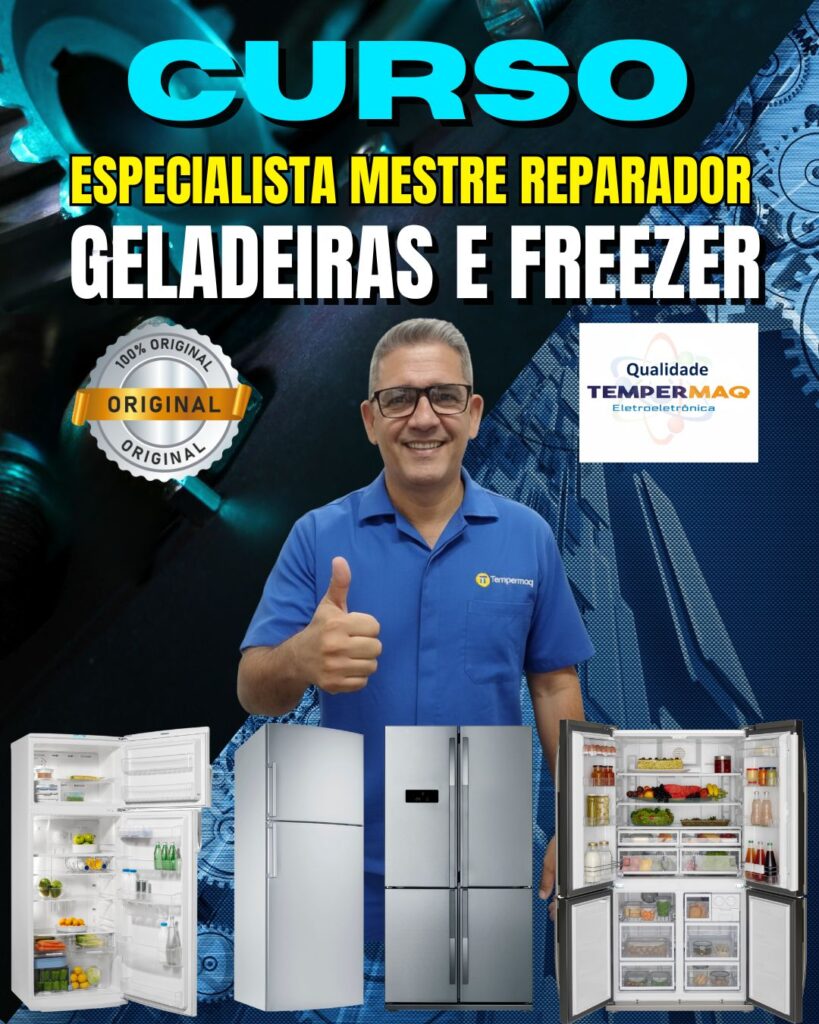 Instrutor do curso de conserto de geladeiras e freezers da Tempermaq posando ao lado de diferentes modelos de refrigeradores usados nas aulas práticas.