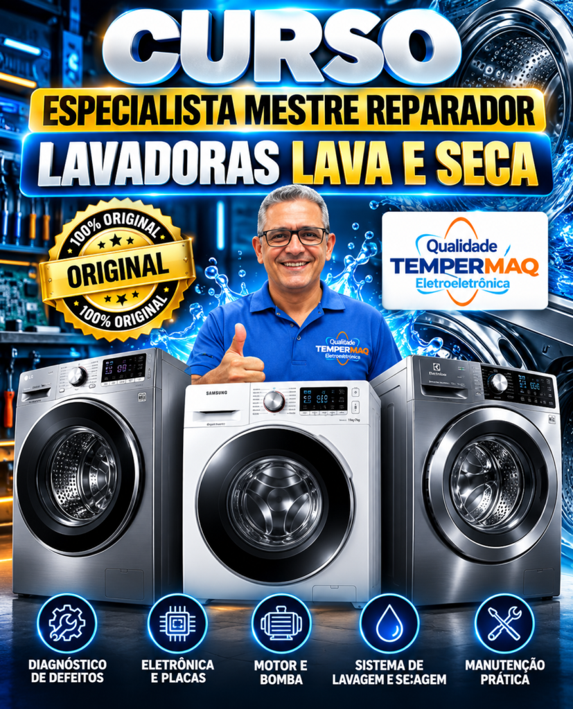 Banner do curso de conserto de lavadoras lava e seca da Tempermaq, com instrutor e três máquinas de abertura frontal.