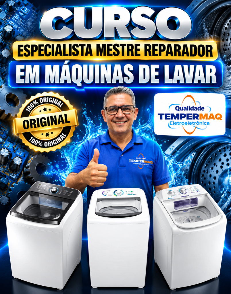 Banner do curso de conserto de máquinas de lavar da Tempermaq, com instrutor e três modelos de lavadoras de roupas.