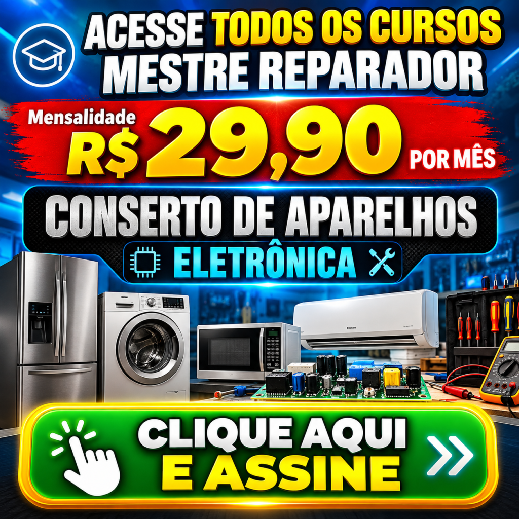 Banner dos cursos online Mestre Reparador da Tempermaq, com acesso a cursos de conserto de eletrodomésticos e eletrônica por R$ 29,90 mensais.